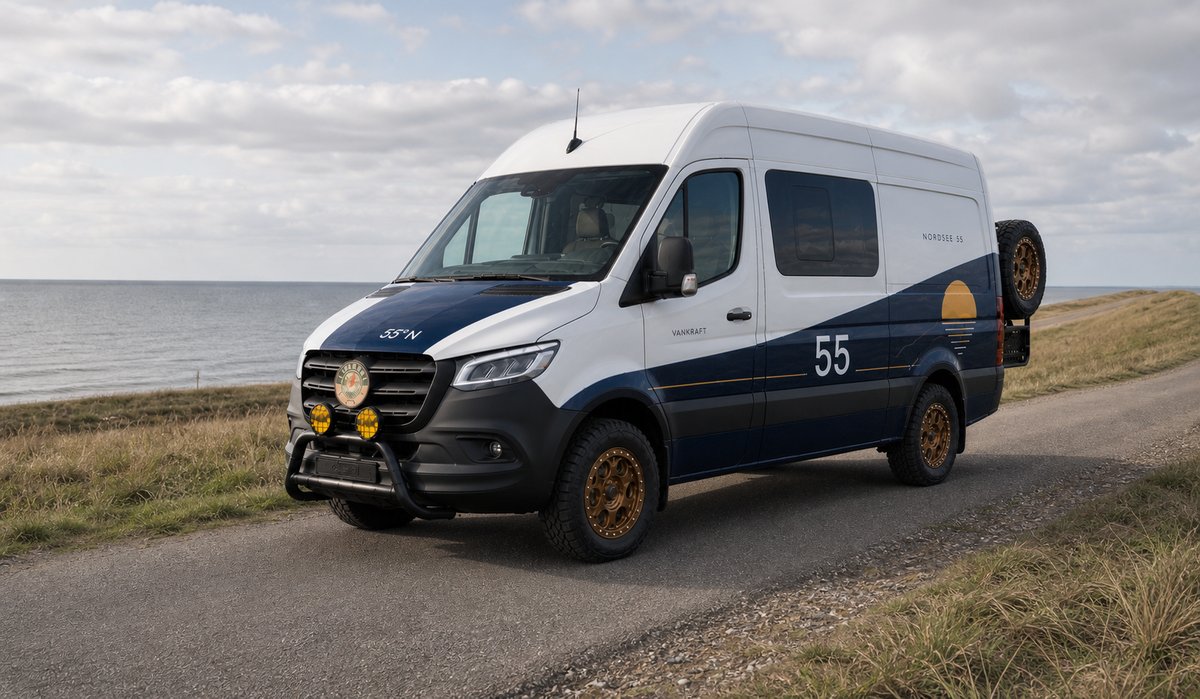 Vankraft Nordsee 55 — Mercedes Sprinter expedition campervan on the North Sea coast